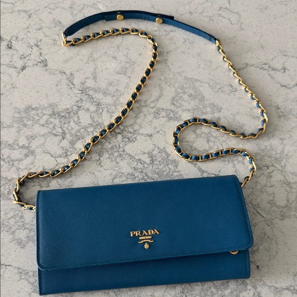 Prada Handbags - Prada Teal Leather Crossbody Bag with Gold Chain